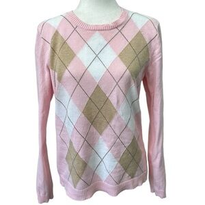 Izod Pink and Tan Argyle Crewneck Sweater Size Medium